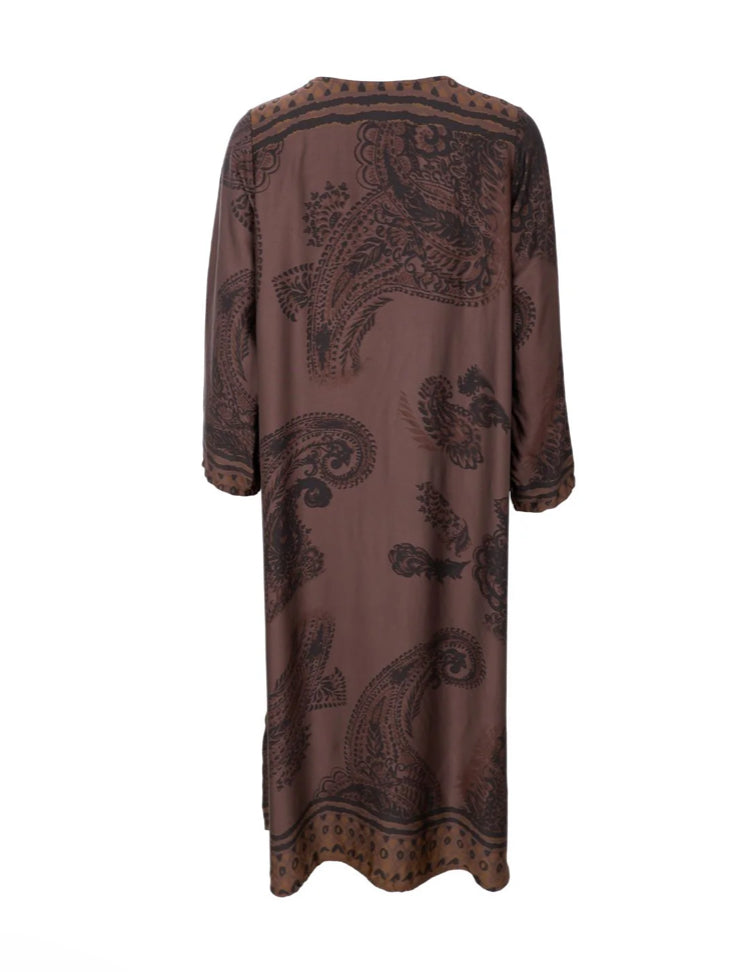 Lange jurk donkerbruin met zwarte print