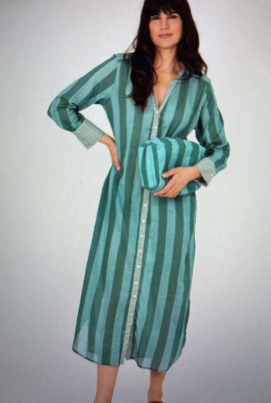 Jurk kaftan doorknoop model streep groen