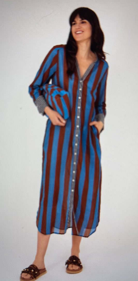 Jurk kaftan doorknoop model bruin/kobalt